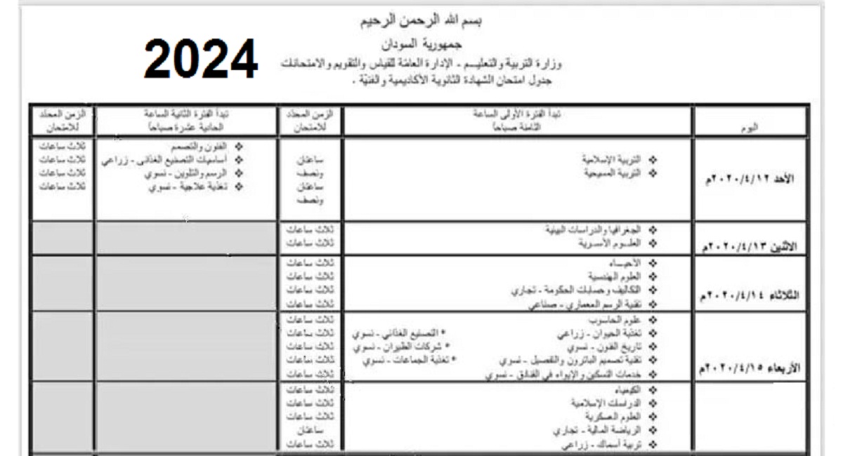 تحميل جدول امتحانات الشهادة السودانية