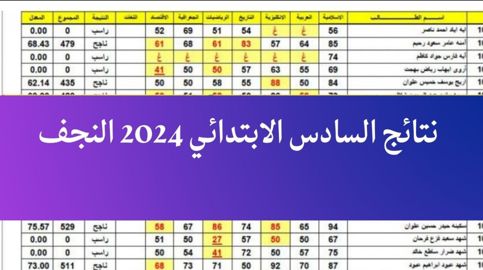 نتائج السادس الابتدائي محافظة النجف