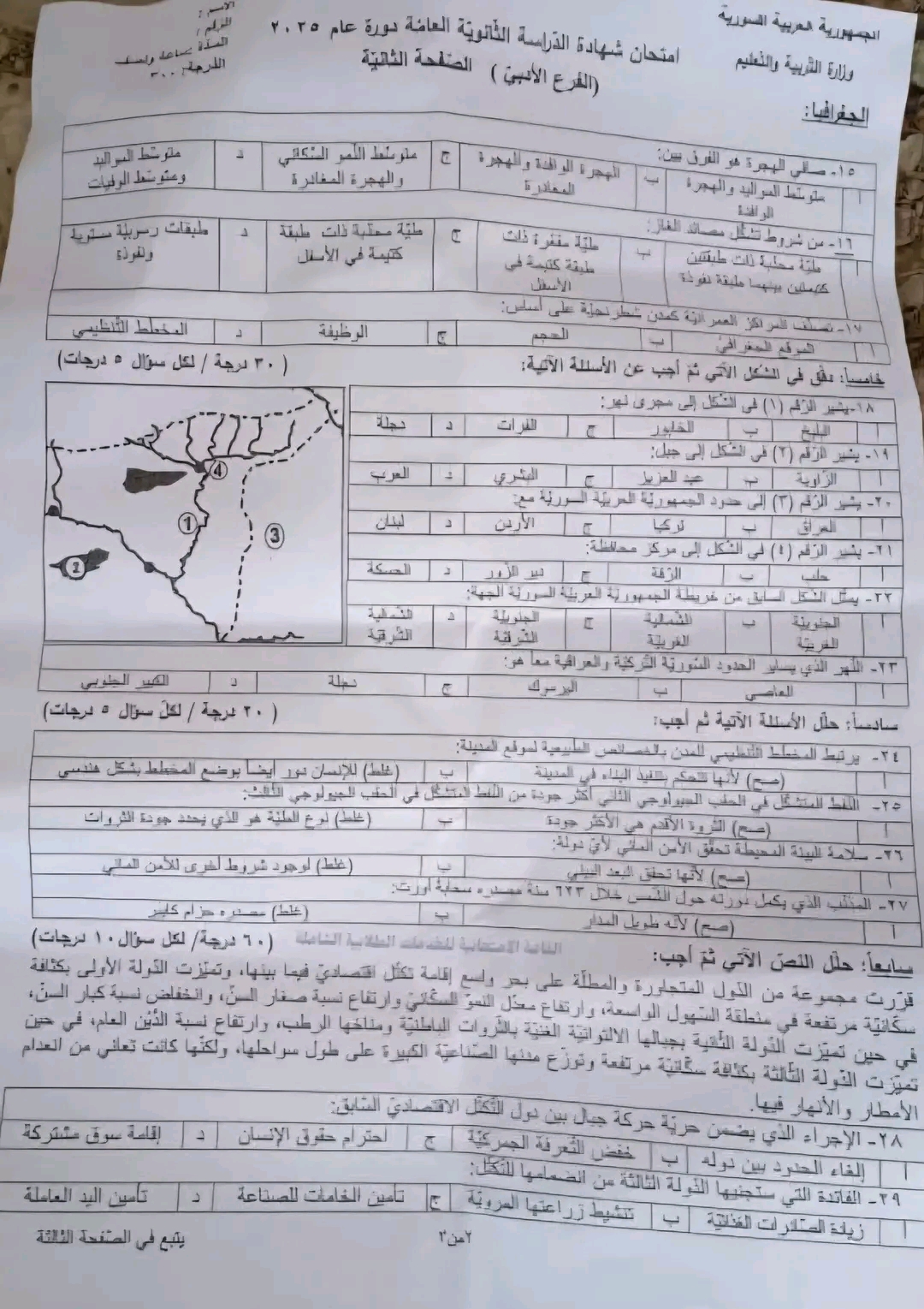 أسئلة بكالوريا ادبي مادة الجغرافيا سورية